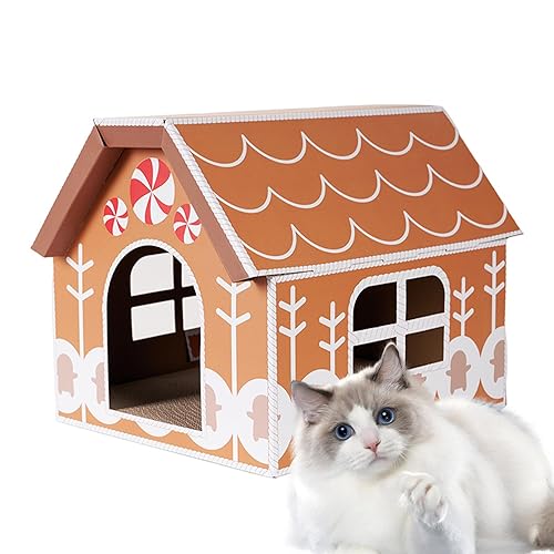 Katzenhäuser aus Pappe für Wohnungskatzen - Outdoor-Katzenhaus für Indoor-Katzen - Tierhaus mit Kratzbaum, abnehmbar und faltbar, mit Mehreren Fenstern, Weihnachtsthema zum Schlafen und für Hmltd von HMLTD