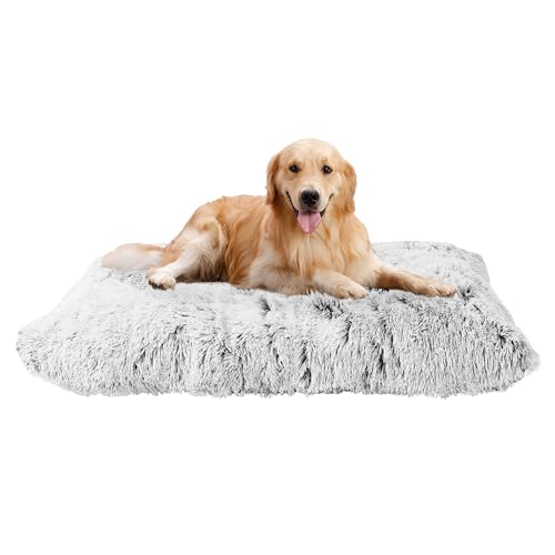 HMTOPE Hundebett, Flauschige Hundematten, Länger Plüsch Hundekissen, Waschbar, rutschfeste Unterseite, 110 cm für Mittelgroße und Grosse Hunde, Hellgrau von HMTOPE