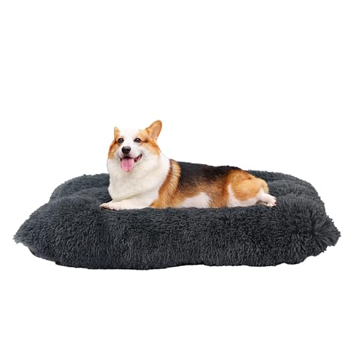 HMTOPE Hundebett, Flauschige Hundematten, Länger Plüsch Hundekissen, Waschbar, rutschfeste Unterseite, 90 cm für Mittelgroße Hunde, Dunkelgrau von HMTOPE