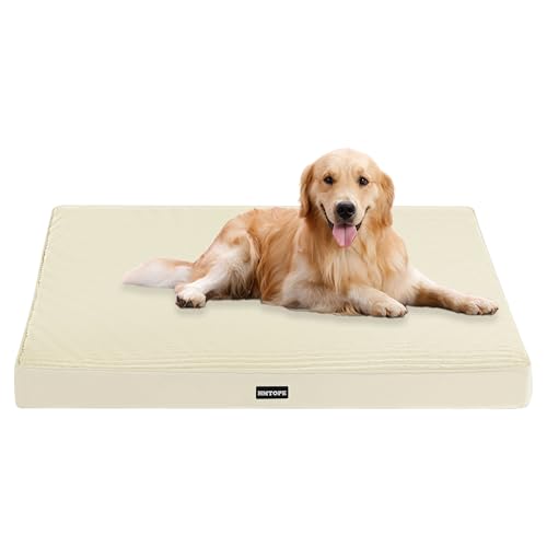 HMTOPE Orthopädisches Hundebett, 10cm Dicke Hundekissen für Mittelgroße Hunde, Grosse Hunde, Abnehmbar und Waschbar Hundematte, rutschfeste Unterseite, Wasserdichtes Innenfutter, 112 cm, Beige von HMTOPE