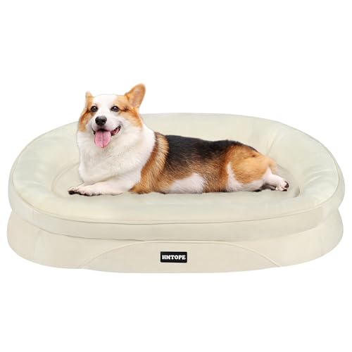 HMTOPE Orthopädisches Hundebett, Hundesofa, Vierseitiges Nackenrolle Kissen, rutschfeste Unterseite Hundekorb, Abnehmbar und Waschbar, Kleine Hunde, Mittelgroße Hunde, 90 x 71 x 15 cm, Beige von HMTOPE