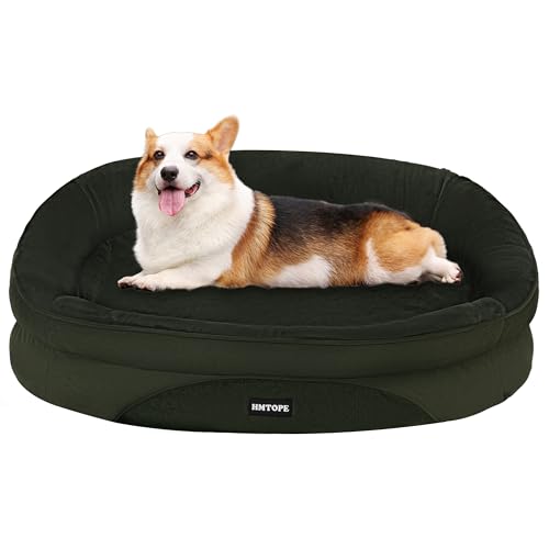 HMTOPE Orthopädisches Hundebett, Hundesofa, Vierseitiges Nackenrolle Kissen, rutschfeste Unterseite Hundekorb, Abnehmbar und Waschbar, Kleine Hunde, Mittelgroße Hunde, 90 x 71 x 15 cm, Olivgrün von HMTOPE