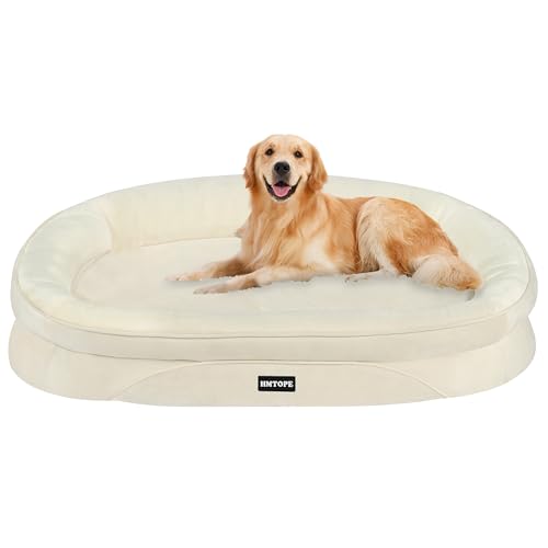 HMTOPE Orthopädisches Hundebett, Hundesofa, Vierseitiges Nackenrolle Kissen, rutschfeste Unterseite Hundekorb, Abnehmbar und Waschbar, Mittelgroße Hunde, Grosse Hunde, 106 x 79 x 17 cm, Beige von HMTOPE