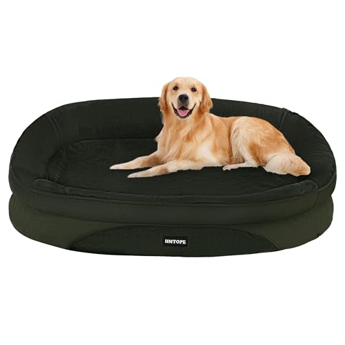 HMTOPE Orthopädisches Hundebett, Hundesofa, Vierseitiges Nackenrolle Kissen, rutschfeste Unterseite Hundekorb, Abnehmbar und Waschbar, Mittelgroße Hunde, Grosse Hunde, 106 x 79 x 17 cm, Olivgrün von HMTOPE
