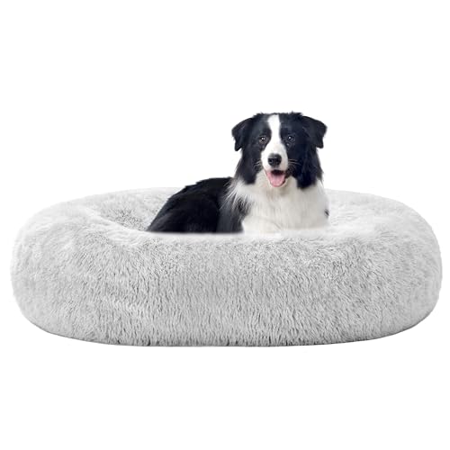 HMTOPE Orthopädisches Hundebett rund Hundekissen Hundesofa Katzenbett Donut Kuscheliges Hundekorb Waschbar, 90 cm Ø, Hellgrau von HMTOPE