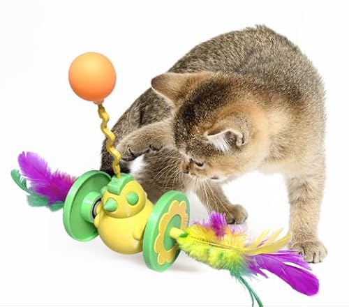 HNCOWPTU Katzenspielzeug Selbstbeschäftigung, Federspiel mit Wackelbasis 360° Rotation für 3 Spielmodi Energieabbau, Möbelschutz Reiseberuhigung von HNCOWPTU