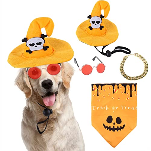 4-teiliges Halloween-Katzen-Hunde-Kostüm, Halloween-Haustier-Cosplay-Kostüm-Set, mit Dreiecksschal, Brille, Hut, Halskette, für Kätzchen (Skeleton) von HNDB