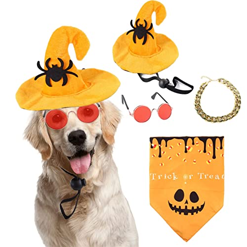 4-teiliges Halloween-Katzen-Hunde-Kostüm, Halloween-Haustier-Cosplay-Kostüm-Set, mit Dreiecksschal, Brille, Hut, Halskette, für Kätzchen (Spider) von HNDB