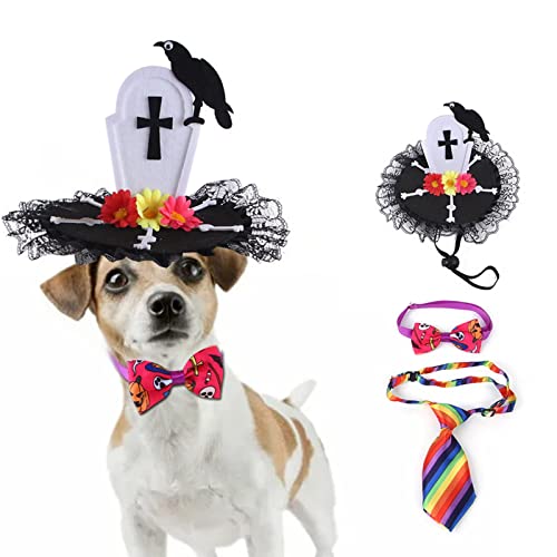 HNDB 3-teiliges Halloween-Katzen-Hundekostüm, Halloween-Haustier-Cosplay-Kleidungsset, mit Kopfbedeckungen, Halsbändern, Fliegen, für Kätzchen, Welpen, Fotografie-Requisiten (Set) von HNDB