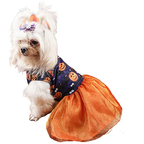 Hunde-Halloween-Kleid, plissierter elastischer Rock für Kätzchen, Kostüme mit Kürbis-Schädeldruck, lustige Kätzchen-Kleidung, für kleine Hunde und Katzen, Cosplay (L,Orange) von HNDB