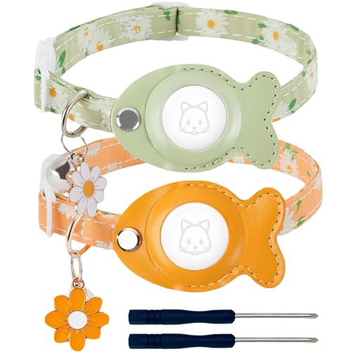 Katzenhalsband für Airtag, Breakaway-Katzen-GPS-Tracker-Halsband mit Airtag-Halterung und Glocken für Mädchen, Jungen, Katzen, niedlich, personalisierbar, mit Fisch, verstellbare Länge (Gelb + Grün) von HNDONGCC