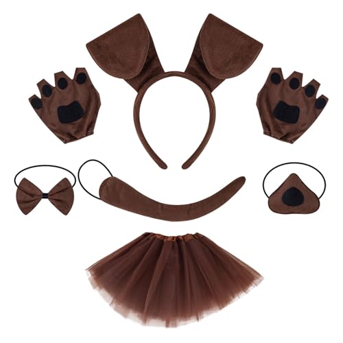 Hundekostüm-Set für Kinder, Halloween, Cosplay, Kostüm, Hundeohren, Stirnband, Hundeschwanz, Nase, Fliege, Rock von HNsdsvcd