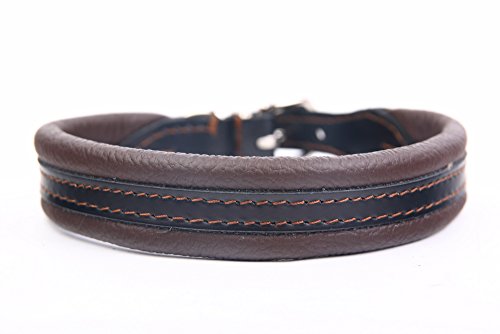 HOGACA Supersoftes Hunde-Halsband Handarbeit 687 16 mm / 35 cm MADE IN EU Leder/Nylon Lochbereich 28-32 cm mit hochwertiger silberfarbiger Schnalle aus Chromnickelstahl von HOGACA