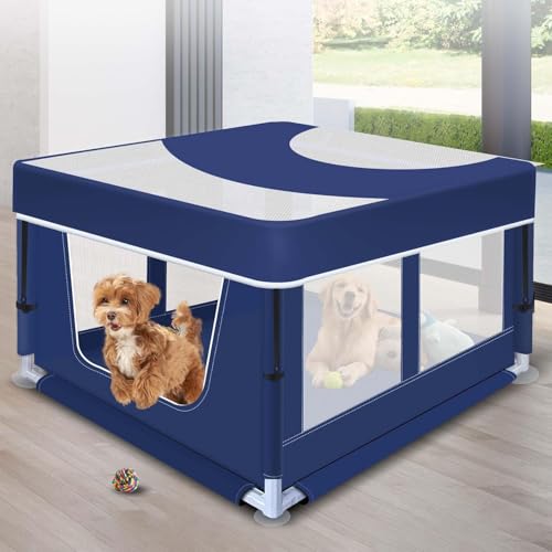 Hunde-Laufstall mit Abdeckung, 107,7 x 107,7 x 65,6 cm, faltbar, tragbar, weicher Welpenlaufstall mit Tor, verdicktes Stoffgeflecht, Hundezaun mit hochfestem Nylon-Drahtgeflecht, für drinnen und Hunde-Laufstall mit Abdeckung, 107,7 x 107,7 x 65,6 cm, faltbar, tragbar, weicher Welpenlaufstall mit Tor, verdicktes Stoffgeflecht, Hundezaun mit hochfestem Nylon-Drahtgeflecht, für drinnen und von HOHOMETIC