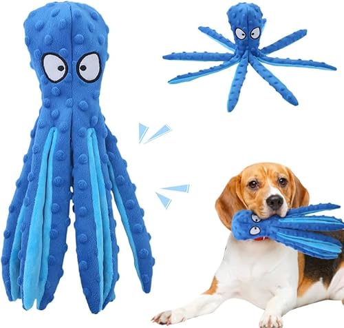 HOIDOKLY Quietschspielzeug für Hunde Octopus, Knisterndes Plüschspielzeug Ohne Füllung für Welpen im Zahnwechsel, Strapazierfähiges Interaktives Hundekauspielzeug (Blau) von HOIDOKLY