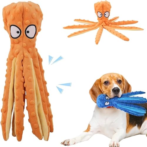 HOIDOKLY Quietschspielzeug für Hunde Octopus, Knisterndes Plüschspielzeug Ohne Füllung für Welpen im Zahnwechsel, Strapazierfähiges Interaktives Hundekauspielzeug (Orange) von HOIDOKLY