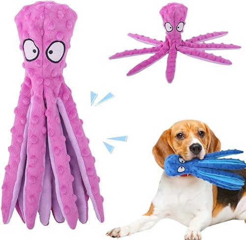 HOIDOKLY Quietschspielzeug für Hunde Octopus, Knisterndes Plüschspielzeug Ohne Füllung für Welpen im Zahnwechsel, Strapazierfähiges Interaktives Hundekauspielzeug (Purple) von HOIDOKLY