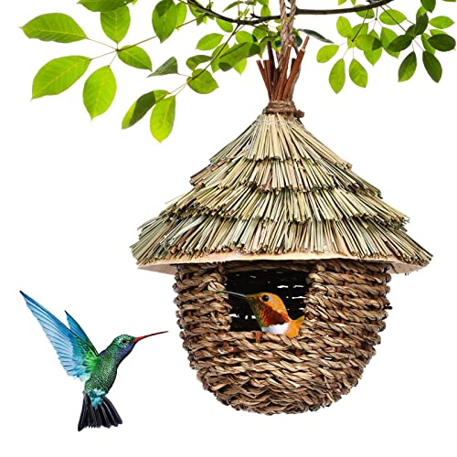 Bezauberndes dekoratives Kolibri-Haus, handgewebtes Vogelnest for Aufhängen im Freien, kleine Gras-Vogelhäuser for draußen, Vogelhütten-Rasttasche aus Naturfaser for Finken-Kanarienmeise von HOLABONITA