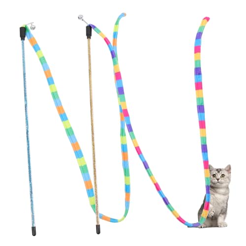 HOLIDYOYO 2 Stück Interaktives Katzenspielzeug Teiliges Bunte Zauberstäbe mit Farbigen Stoffbändern Katzenangel für Kätzchen und Katzen Beschäftigung und Bewegung Zufällige Zufällige Farbe von HOLIDYOYO