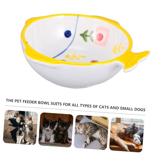 HOLIDYOYO Keramik Katzennapf Fischform Rutschfestes Kippsicheres Design Gesundes Futternapf für Katzen und Kleine Hunde Gelb Schützender Nackenbereich Einfach zu Reinigen von HOLIDYOYO