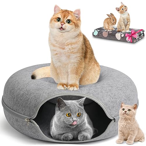 HOMAGICO Peekaboo Katzentunnelbett, Katzenhöhle mit Haustierdecke, abnehmbare Donut-Tunnel für Indoor-Katzen, Katzentunnel-Spielzeug, rundes Katzenbett aus Filz, geeignet für kleine bis große Katzen von HOMAGICO