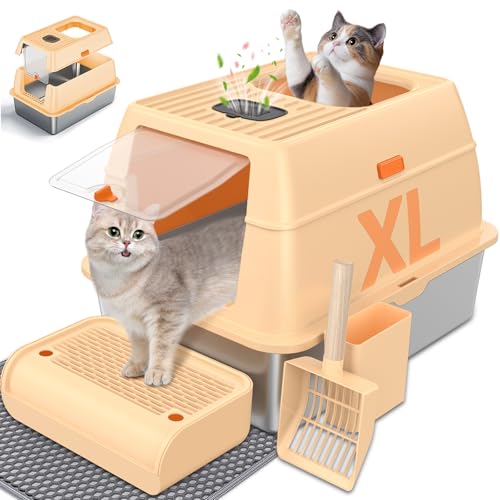Katzentoilette aus Edelstahl mit abnehmbarem Deckel, frei ein- und ausgehende Metalltoilette, große geschlossene Katzentoilette mit Streuschaufel und Matte, einfache Reinigung, geruchsfrei, Katzentoilette aus Edelstahl mit abnehmbarem Deckel, frei ein- und ausgehende Metalltoilette, große geschlossene Katzentoilette mit Streuschaufel und Matte, einfache Reinigung, geruchsfrei, von HOMAGICO
