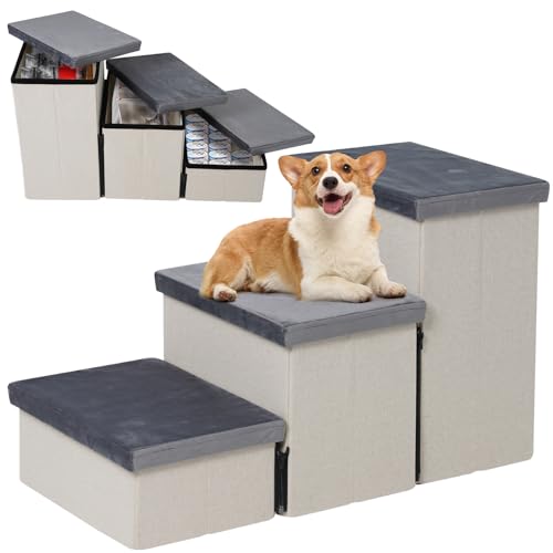 HOMCENT Haustiertreppe 3 Stufen für Hunde Katzen, Faltbare Hundetreppe mit viel Stauraum auch als Katzentreppe geeignet, 74x33x44CM von HOMCENT