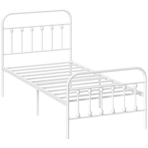 HOMCOM 91 cm Einzelbettrahmen mit Unterbettkasten, Plattformbettrahmen aus Metall mit hohem Kopfteil, Fußteil und Stahllattenstütze, kein Boxspring erforderlich, einfache Montage, Weiß von HOMCOM