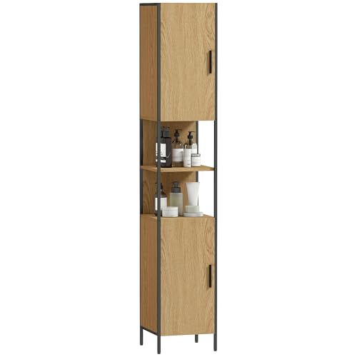 HOMCOM Badschrank hoch, schmaler Badezimmerschrank mit 2 Türen, offenen Fächern und verstellbaren Regalen, freistehender Aufbewahrungsschrank, 33 x 33 x 185 cm, Naturholz-Finish HOMCOM Badschrank hoch, schmaler Badezimmerschrank mit 2 Türen, offenen Fächern und verstellbaren Regalen, freistehender Aufbewahrungsschrank, 33 x 33 x 185 cm, Naturholz-Finish von HOMCOM