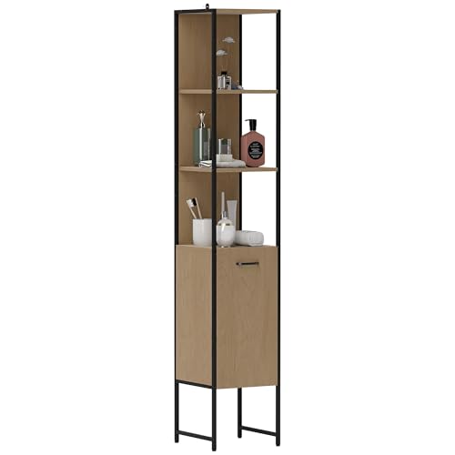 HOMCOM Badschrank hoch, schmaler Badezimmerschrank mit 3 offenen Ablagen und verstellbarem Regal, freistehender Aufbewahrungsschrank, 33 x 33 x 185 cm, Naturholz-Finish HOMCOM Badschrank hoch, schmaler Badezimmerschrank mit 3 offenen Ablagen und verstellbarem Regal, freistehender Aufbewahrungsschrank, 33 x 33 x 185 cm, Naturholz-Finish von HOMCOM