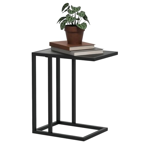 HOMCOM C-förmiger Beistelltisch mit Metallrahmen, Marmoroptik, Sofa, Beistelltisch, schmal, Snack, Couchtisch für Wohnzimmer, Schwarze Holzoptik von HOMCOM