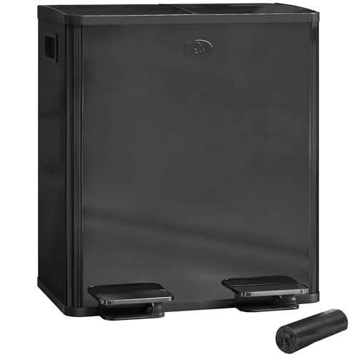 HOMCOM Dual Kücheneimer, 2 x 20L Edelstahl Doppelmülleimer mit Absenkautomatik Deckel, Herausnehmbare Inneneimer, Müllsäcke, Fingerabdrucksicher für Recycling und Abfall, Glänzendes Schwarz HOMCOM Dual Kücheneimer, 2 x 20L Edelstahl Doppelmülleimer mit Absenkautomatik Deckel, Herausnehmbare Inneneimer, Müllsäcke, Fingerabdrucksicher für Recycling und Abfall, Glänzendes Schwarz von HOMCOM