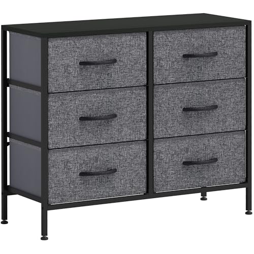 HOMCOM Kommode aus Stoff, Aufbewahrungsschubladen, industrielle Schlafzimmer-Kommode mit 6 Stoffschubladen, Stahlrahmen und Holzplatte, für Kinderzimmer, Wohnzimmer, Flur, Schwarz von HOMCOM
