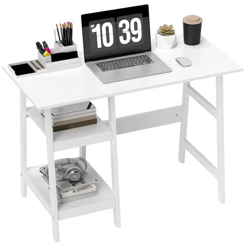 HOMCOM Kompakter Computertisch mit Ablagen, Arbeitstisch mit Bücherregal, PC-Tisch Workstation für Home Office, Arbeitszimmer, einfache Montage, 106 x 51 cm, Weiß von HOMCOM