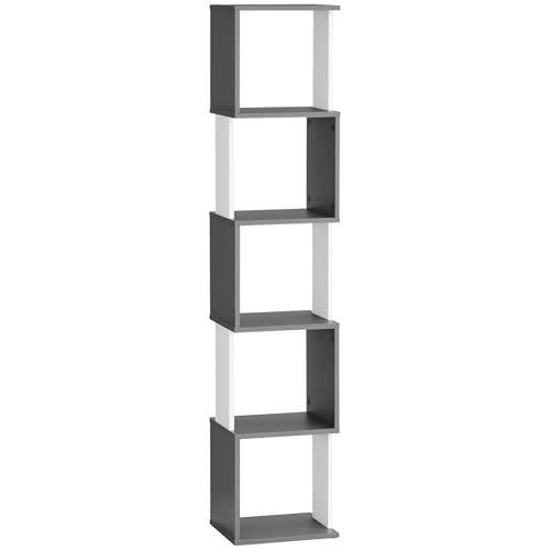 HOMCOM Modernes Bücherregal mit 5 Ebenen, freistehendes Bücherregal, Aufbewahrungsregal für Wohnzimmer, Zuhause, Büro, Arbeitszimmer, Weiß und Dunkelgrau von HOMCOM