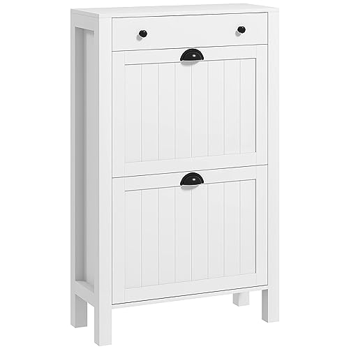 HOMCOM Narrow Shoe Cabinet, Slim Shoe Storage Cabinet mit 2 Flip-Schubladen, verstellbaren Einlegeböden und oberer Schublade für Eingang, Flur, weiß HOMCOM Narrow Shoe Cabinet, Slim Shoe Storage Cabinet mit 2 Flip-Schubladen, verstellbaren Einlegeböden und oberer Schublade für Eingang, Flur, weiß von HOMCOM