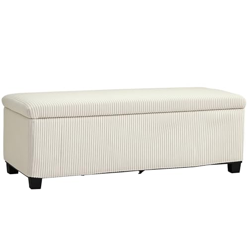 HOMCOM Ottomane Sitzbank mit Stauraum, Cord-Fußhocker mit abnehmbarem Deckel und Beinen, 112 cm, Aufbewahrungskiste für Wohnzimmer, Schlafzimmer, Flur, Beige von HOMCOM