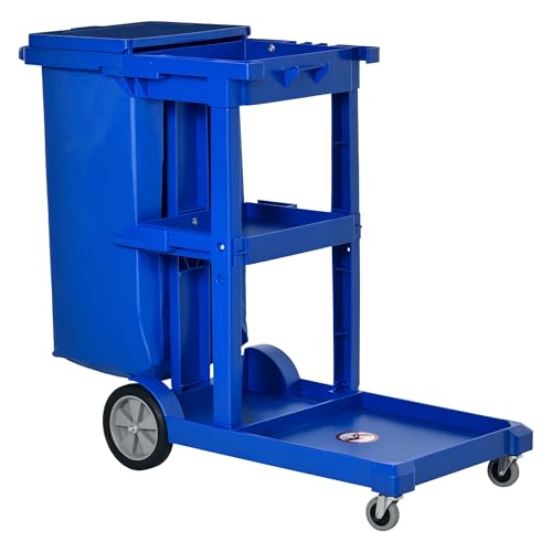 HOMCOM Reinigungswagen auf Rädern, Hausmeisterwagen mit 3 Ebenen, Haushaltsgerät mit Müllsack und Wischmopphalterung für Hotel, Büro, Blau HOMCOM Reinigungswagen auf Rädern, Hausmeisterwagen mit 3 Ebenen, Haushaltsgerät mit Müllsack und Wischmopphalterung für Hotel, Büro, Blau von HOMCOM