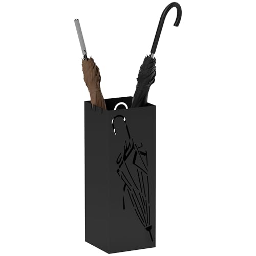 HOMCOM Schirmständer aus Metall, quadratischer Schirmhalter mit 4 Haken und Abnehmbarer Abtropfschale, dekoratives Schirmaufbewahrungsregal für Eingang, Flur, 15,5 x 15,5 x 41 cm, Schwarz von HOMCOM