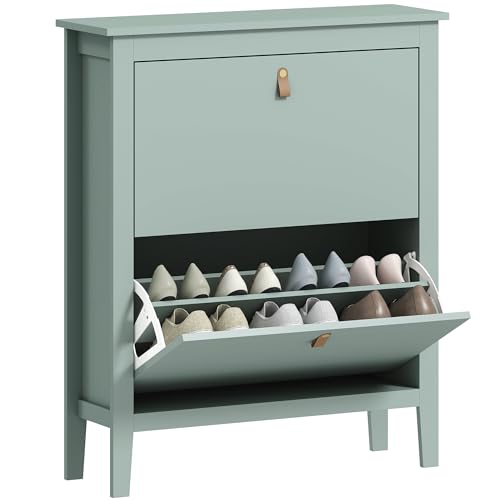 HOMCOM Schuhschrank mit 2 Schubladen, mit Klapptüren, schmaler Schuhschrank mit herausnehmbaren und verstellbaren Regalen, 14 Paar Schuhschrank für Flur, Eingang, 80 x 24 x 95,5 cm, Grün HOMCOM Schuhschrank mit 2 Schubladen, mit Klapptüren, schmaler Schuhschrank mit herausnehmbaren und verstellbaren Regalen, 14 Paar Schuhschrank für Flur, Eingang, 80 x 24 x 95,5 cm, Grün von HOMCOM