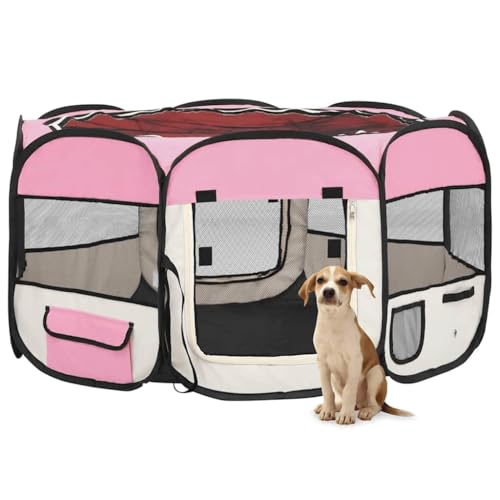 HOMEELIKE Faltbarer Welpenlaufstall mit Tragetasche Rosa 125x125x61 cm von HOMEELIKE