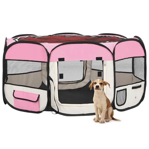 HOMEELIKE Faltbarer Welpenlaufstall mit Tragetasche Rosa 145x145x61 cm von HOMEELIKE
