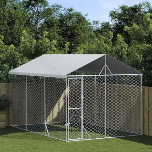 HOMEELIKE Outdoor-Hundezwinger mit Dach Silbern 3x4,5x2,5m Stahl Verzinkt von HOMEELIKE