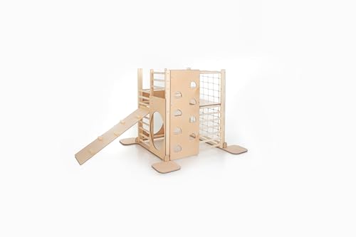 HomeForDreams Holz Montessori-Inspirierter Quadratischer Kletterturm für Kleinkinde: Faltbarer Indoor-Spielplatz mit Zubehörbrettern (Naturholz, Mit Innenbrett und Kletterbrett) von HOMEforDREAMS