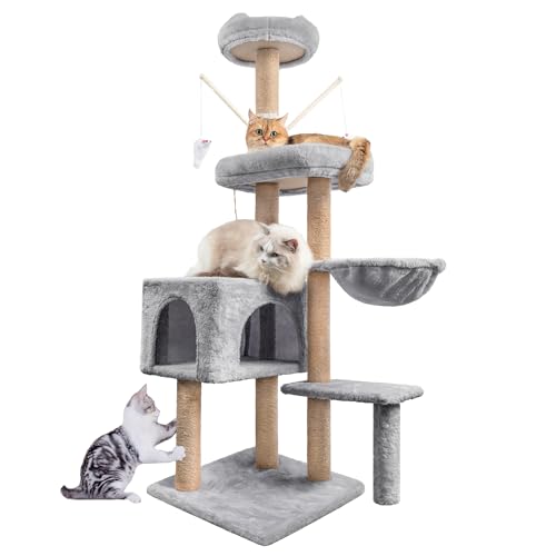 HOMIDEC Katzen Kratzbaum, 145 cm Katzenbaum Kletterturm, Kletterbaum Aktivitätskratzbäum mit Säulen vollständig mit Sisal umwickelt, Katzenspielzeug, Höhle, Plattformen, Liegemulde, Hellgrau HOMIDEC Katzen Kratzbaum, 145 cm Katzenbaum Kletterturm, Kletterbaum Aktivitätskratzbäum mit Säulen vollständig mit Sisal umwickelt, Katzenspielzeug, Höhle, Plattformen, Liegemulde, Hellgrau von HOMIDEC
