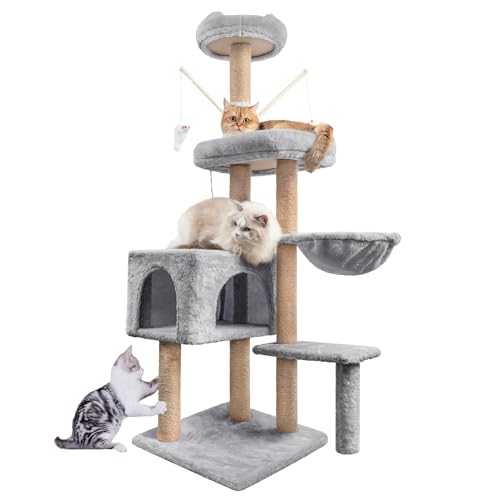 HOMIDEC Katzen Kratzbaum, 145 cm Katzenbaum Kletterturm, Kletterbaum Aktivitätskratzbäum mit Säulen vollständig mit Sisal umwickelt, Katzenspielzeug, Höhle, Plattformen, Liegemulde, Hellgrau von HOMIDEC