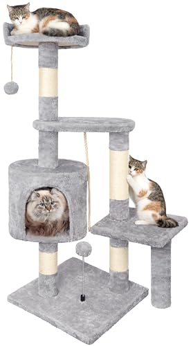 Kratzbaum, 112 cm Katzenbaum Stabil Katzenkratzbaum, Aktivitätskratzbäume mit Kratzsäule Großer Plattform Katzenhaus Plüschbälle, Grau von HOMIDEC