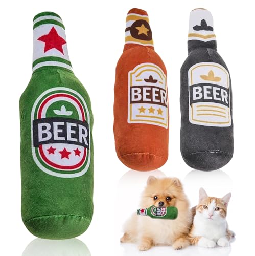 HOMURY 3 Stück Quietschend Weicher Bierflasche Katze Spielsachen, Plüsch-Hundespielzeug mit Katzenminzepapier, Plüsch Bierflasche Spielzeug, Kauspielzeug für Katzen und Hunde von HOMURY