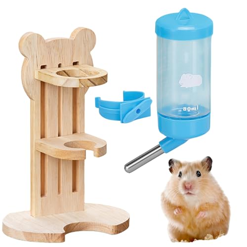 HOMURY Hamster Trinkflasche mit Ständer: Einstellbar Tränke aus Holz Meerschweinchen Wasserspender 80 ml Kleintiertränke Auslaufsicher Düse, Hamster Zubehör Meerschweinchen Zubehoer von HOMURY