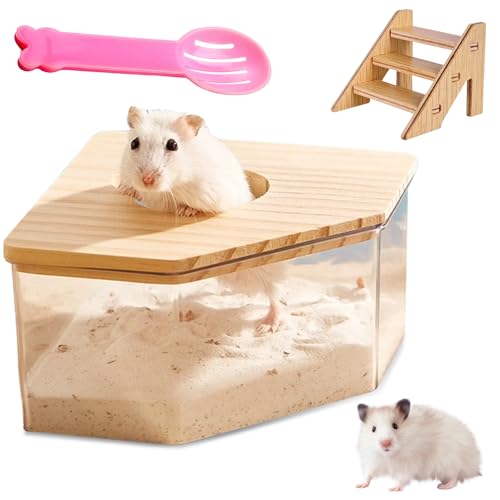HOMURY Transparentes Acryl-Sand-Badezimmer für Hamster Hamster Sandbadbox mit Leiter und Naturholzabdeckung und Schaufel, Hamsterbad-Sandkasten, für Hamster, Rennmäuse (Dreieck) von HOMURY